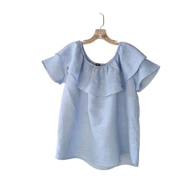 Hannah Chambray Blue Off-the-Shoulder Ruffle Neck Linen Blouse Size Medium - Picture 1 of 6